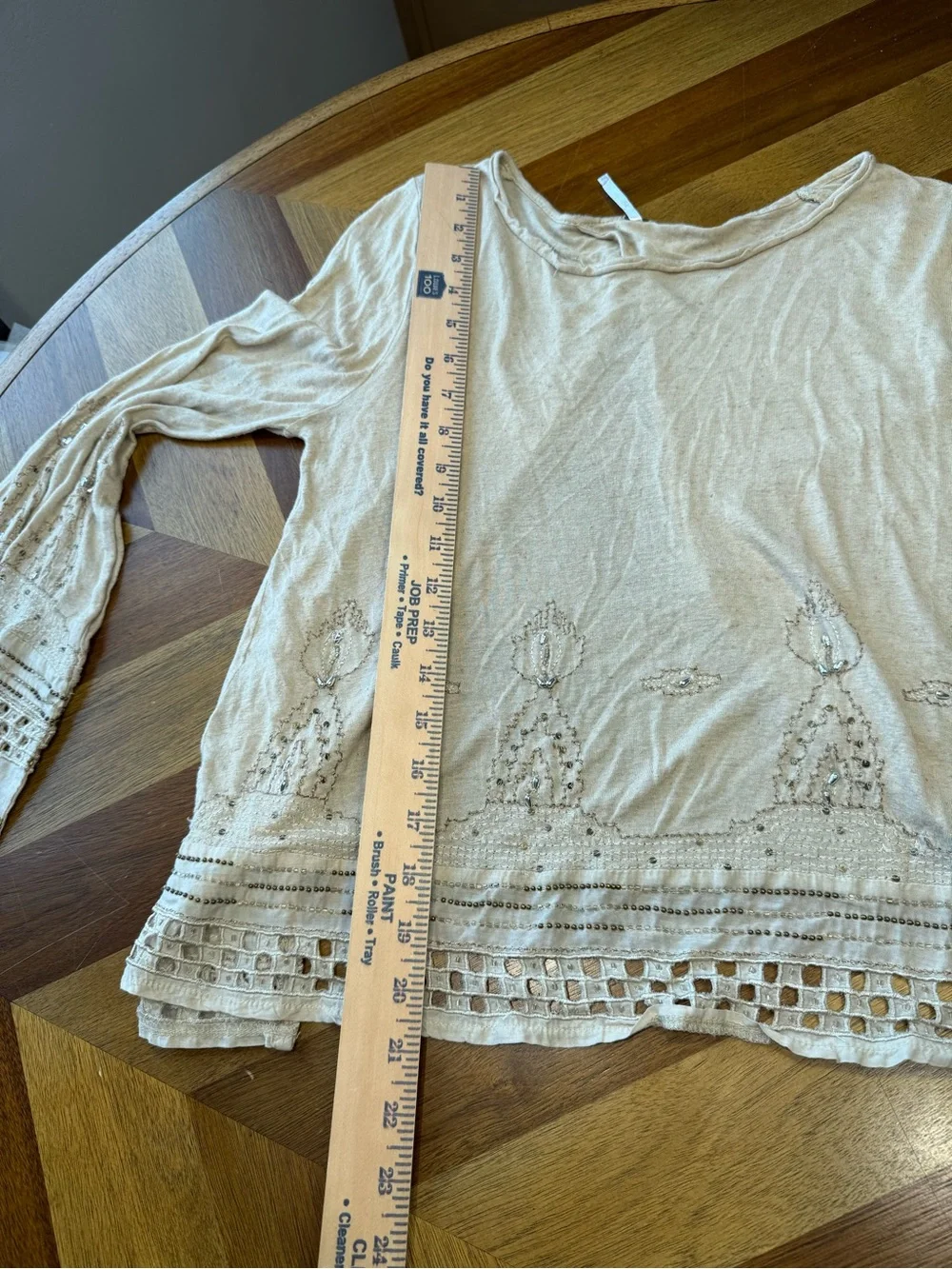 Free People Taupe Crochet-Trim Beaded Wide Long Sleeve Crop Tunic *flaw